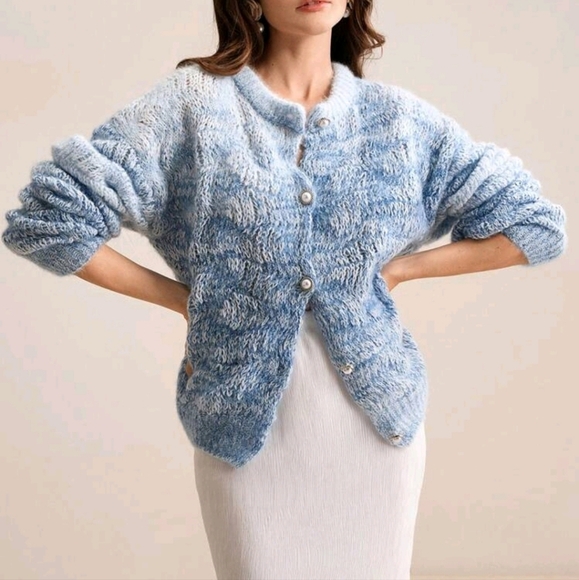 Ombre Soft Textured Round Neck Pearl Button Loose Romantic Knit Cardigan - Picture 1 of 4